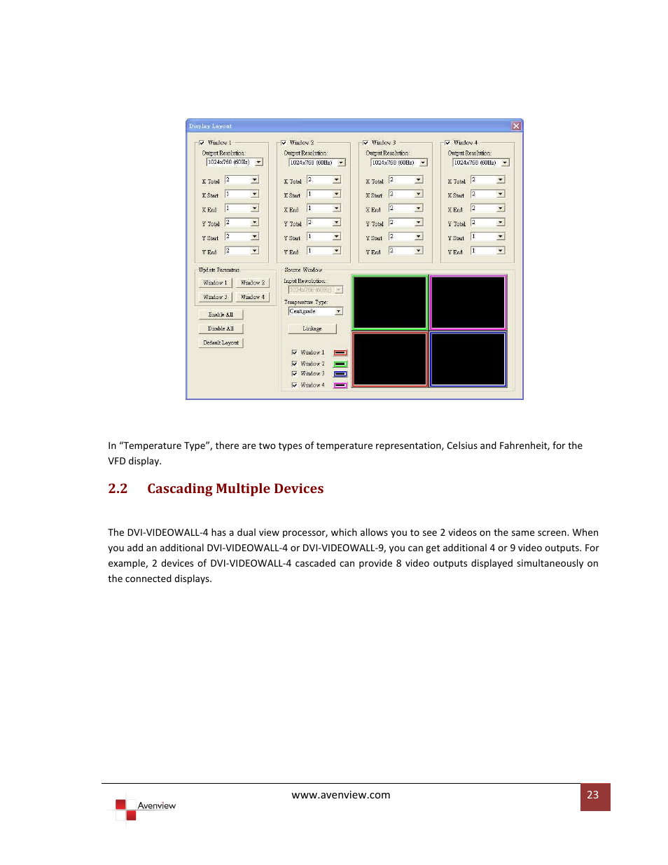 2 cascading multiple devices, Cascading multiple devices | Avenview DVI-VIDEOWALL-4 User Manual | Page 23 / 29