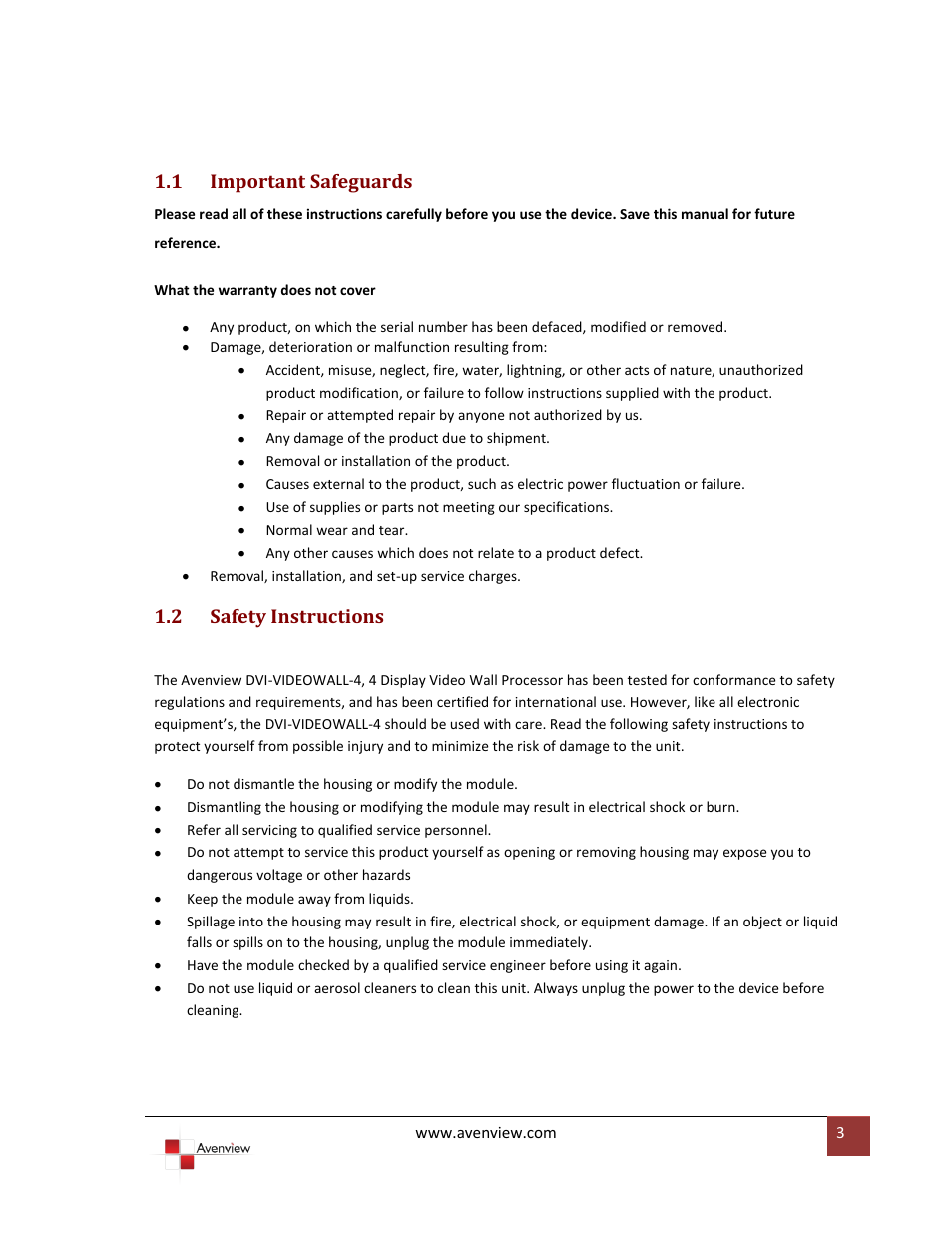 1 important safeguards, 2 safety instructions, Important safeguards | Safety instructions | Avenview DVI-VIDEOWALL-4 User Manual | Page 3 / 29