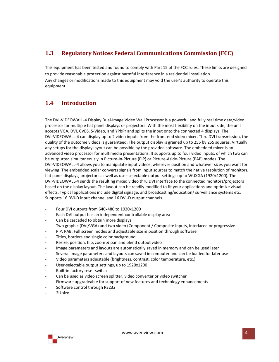 4 introduction, Introduction | Avenview DVI-VIDEOWALL-4 User Manual | Page 4 / 29
