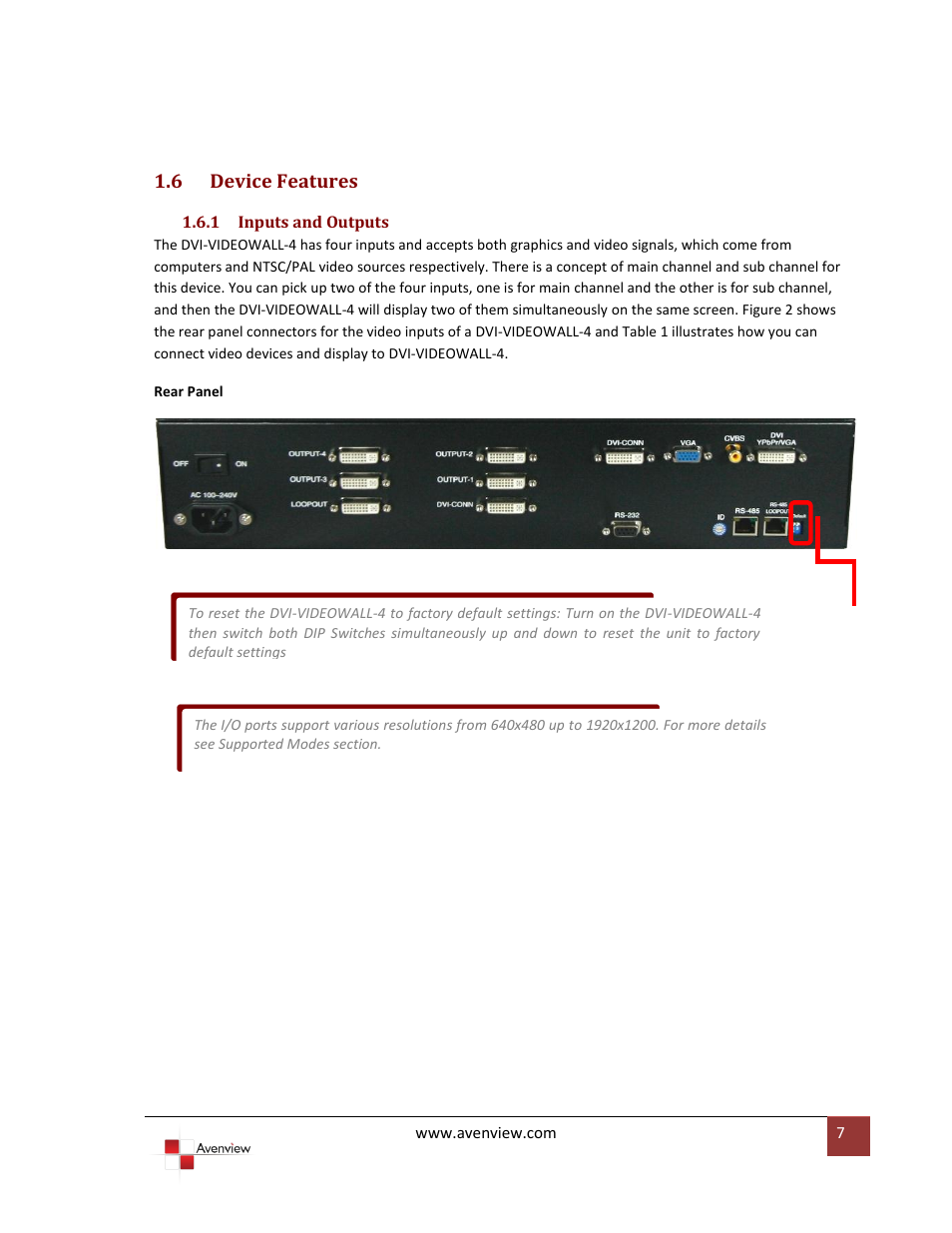 6 device features, 1 inputs and outputs, Device features | Inputs and outputs | Avenview DVI-VIDEOWALL-4 User Manual | Page 7 / 29