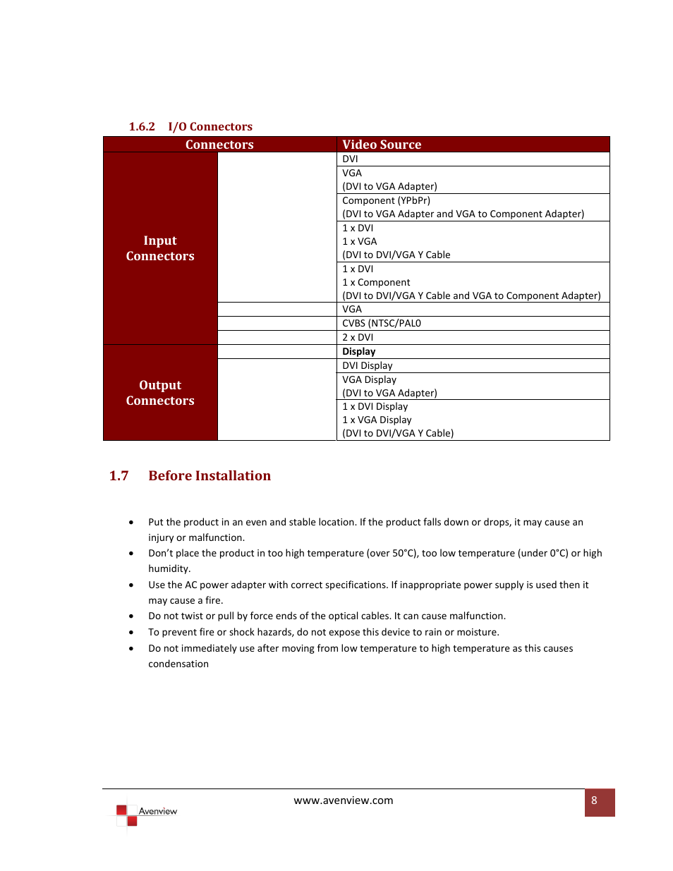 2 i/o connectors, 7 before installation, I/o connectors | Before installation | Avenview DVI-VIDEOWALL-4 User Manual | Page 8 / 29