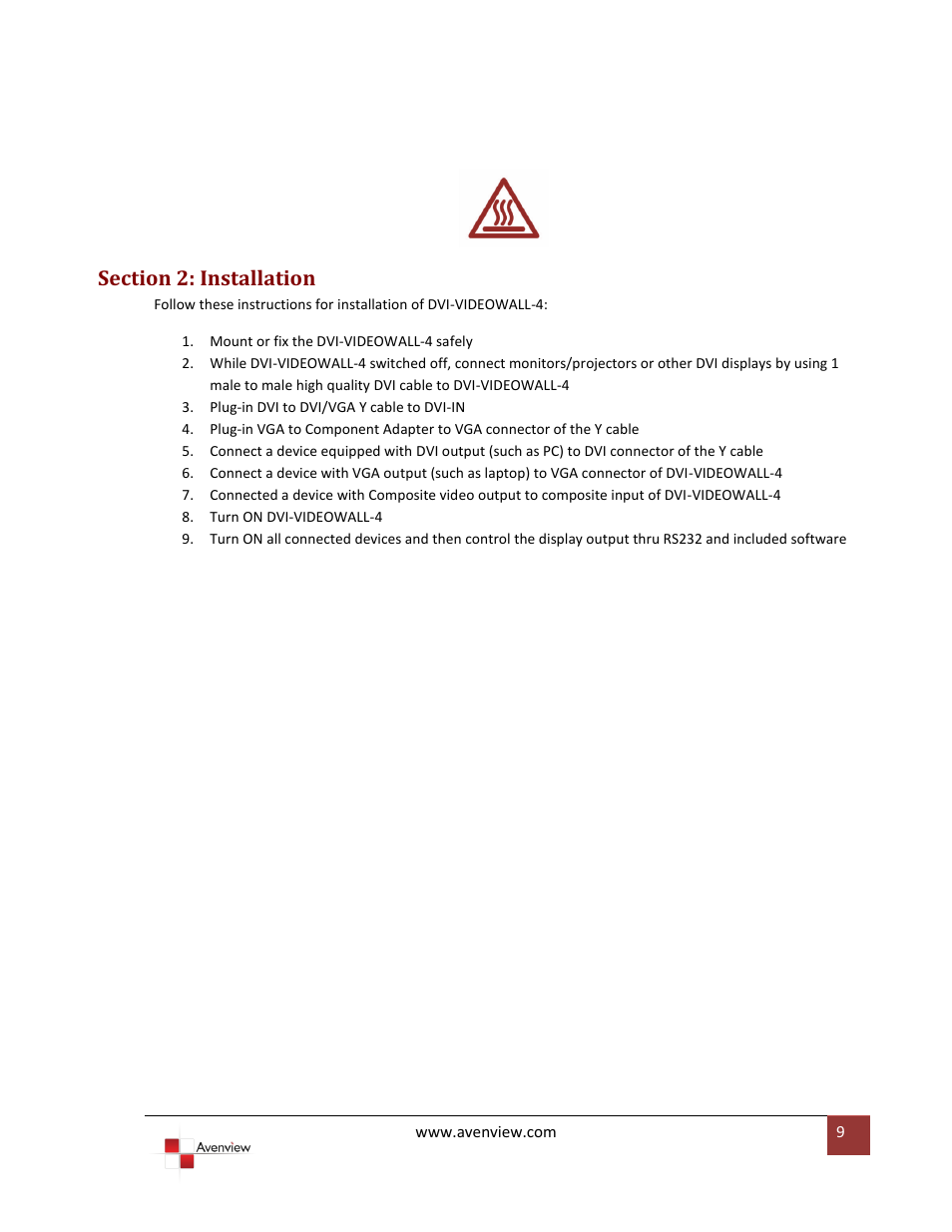 Section 2: installation | Avenview DVI-VIDEOWALL-4 User Manual | Page 9 / 29
