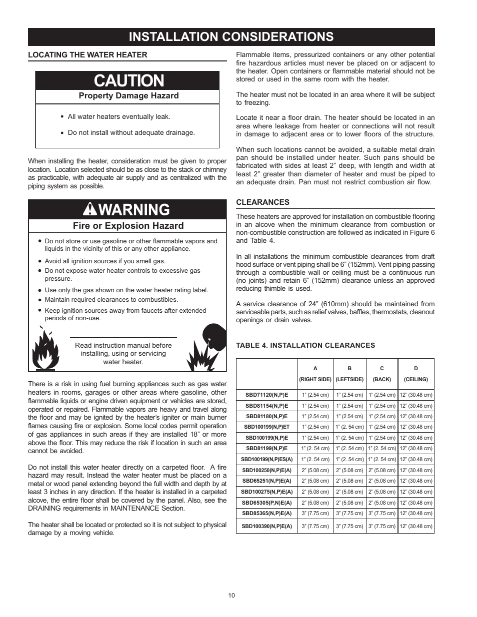 Caution, Installation considerations, Fire or explosion hazard | State SBD85 365NE A User Manual | Page 10 / 56