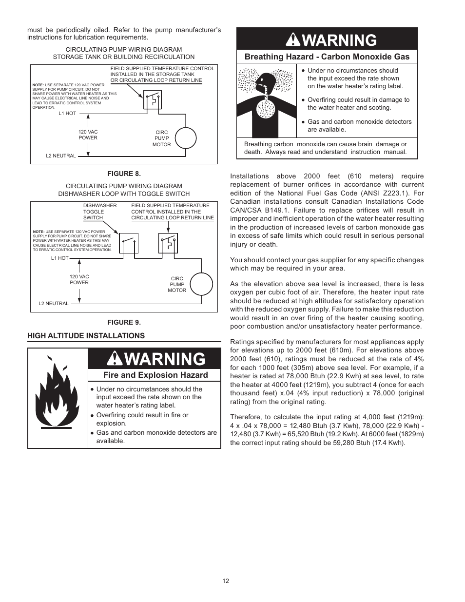 Breathing hazard - carbon monoxide gas, Fire and explosion hazard, High altitude installations | State SBD85 365NE A User Manual | Page 12 / 56