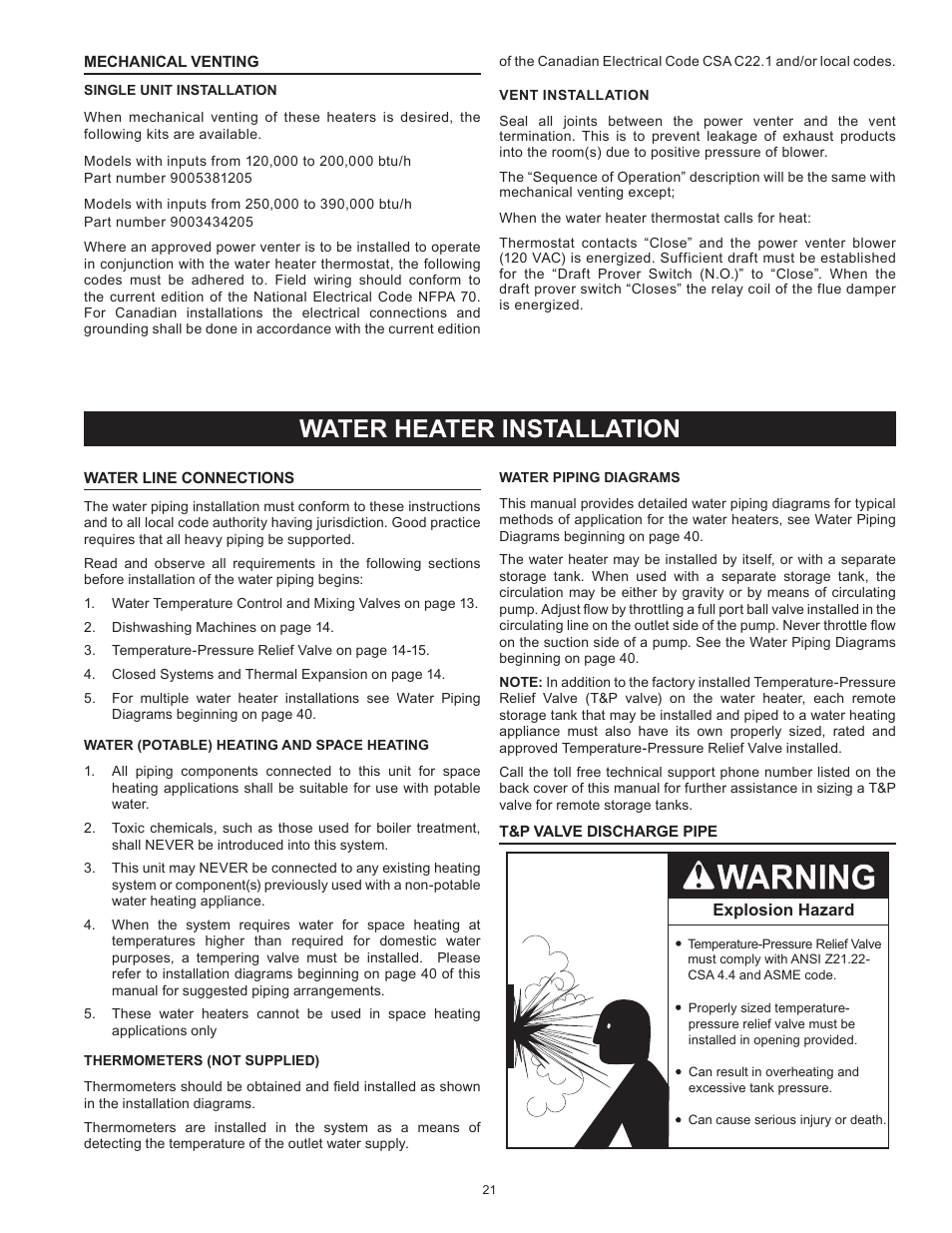 Water heater installation | State SBD85 365NE A User Manual | Page 21 / 56