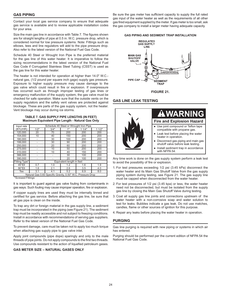 Fire and explosion hazard, Gas piping, Gas line leak testing | Purging | State SBD85 365NE A User Manual | Page 24 / 56