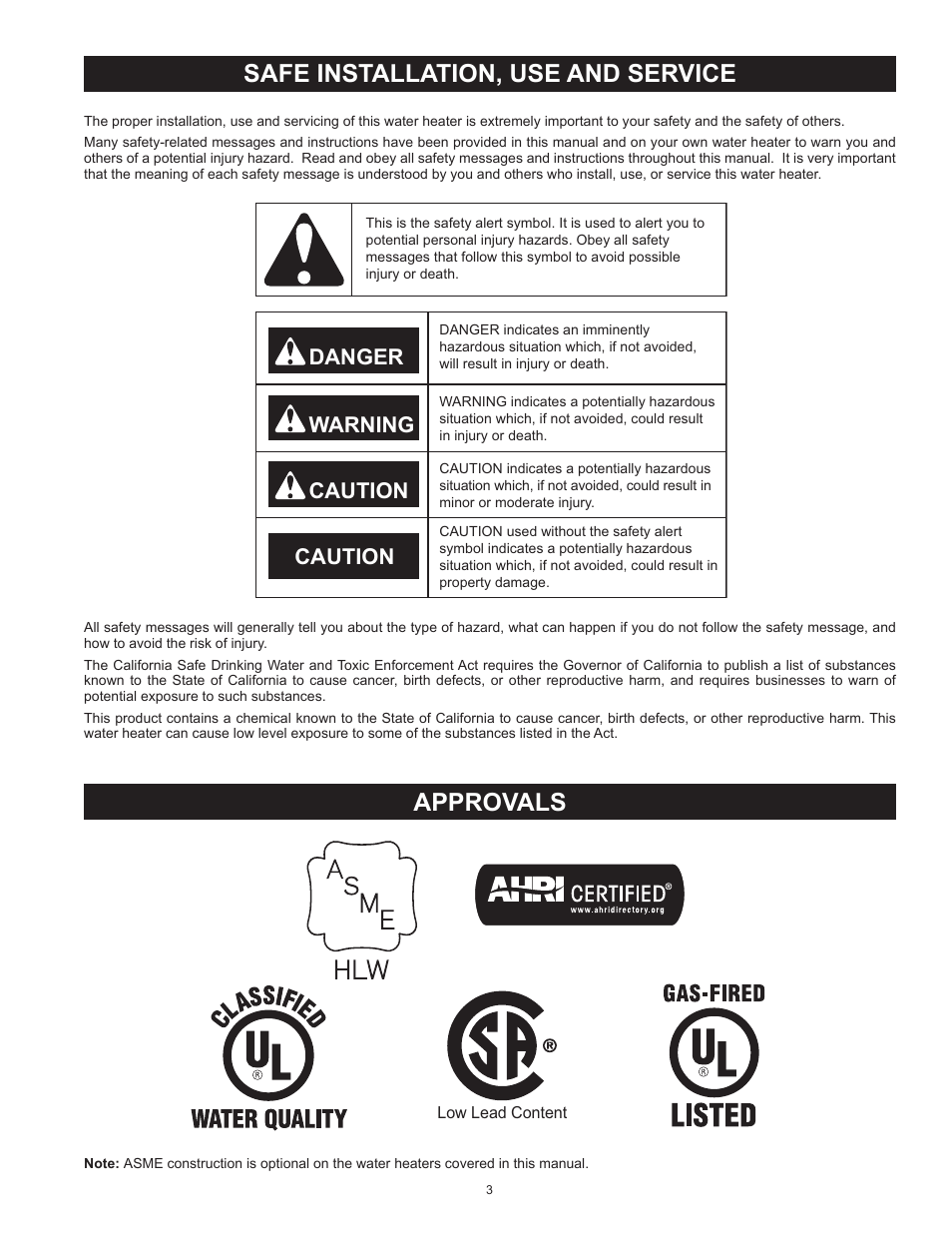 Safe installation, use and service, Approvals, Danger warning caution caution | State SBD85 365NE A User Manual | Page 3 / 56