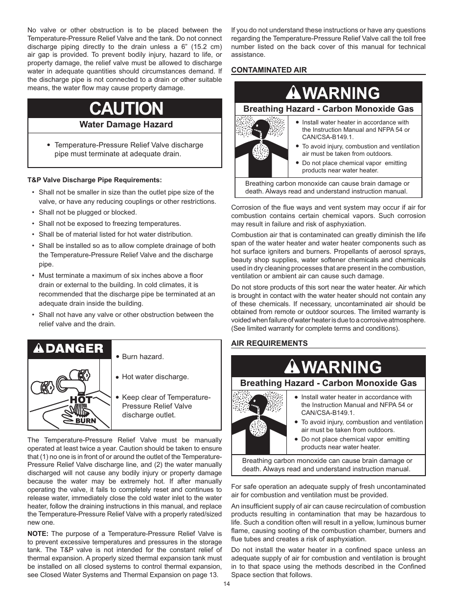 Contaminated air air requirements, Caution, Water damage hazard | Breathing hazard - carbon monoxide gas | State SBD85 500PE User Manual | Page 14 / 52