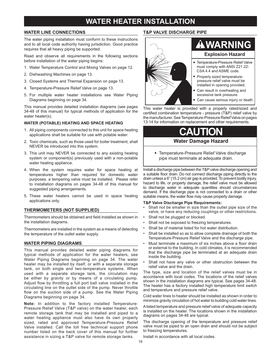 Water heater installation, Caution, Water damage hazard | State SBD85 500PE User Manual | Page 19 / 52