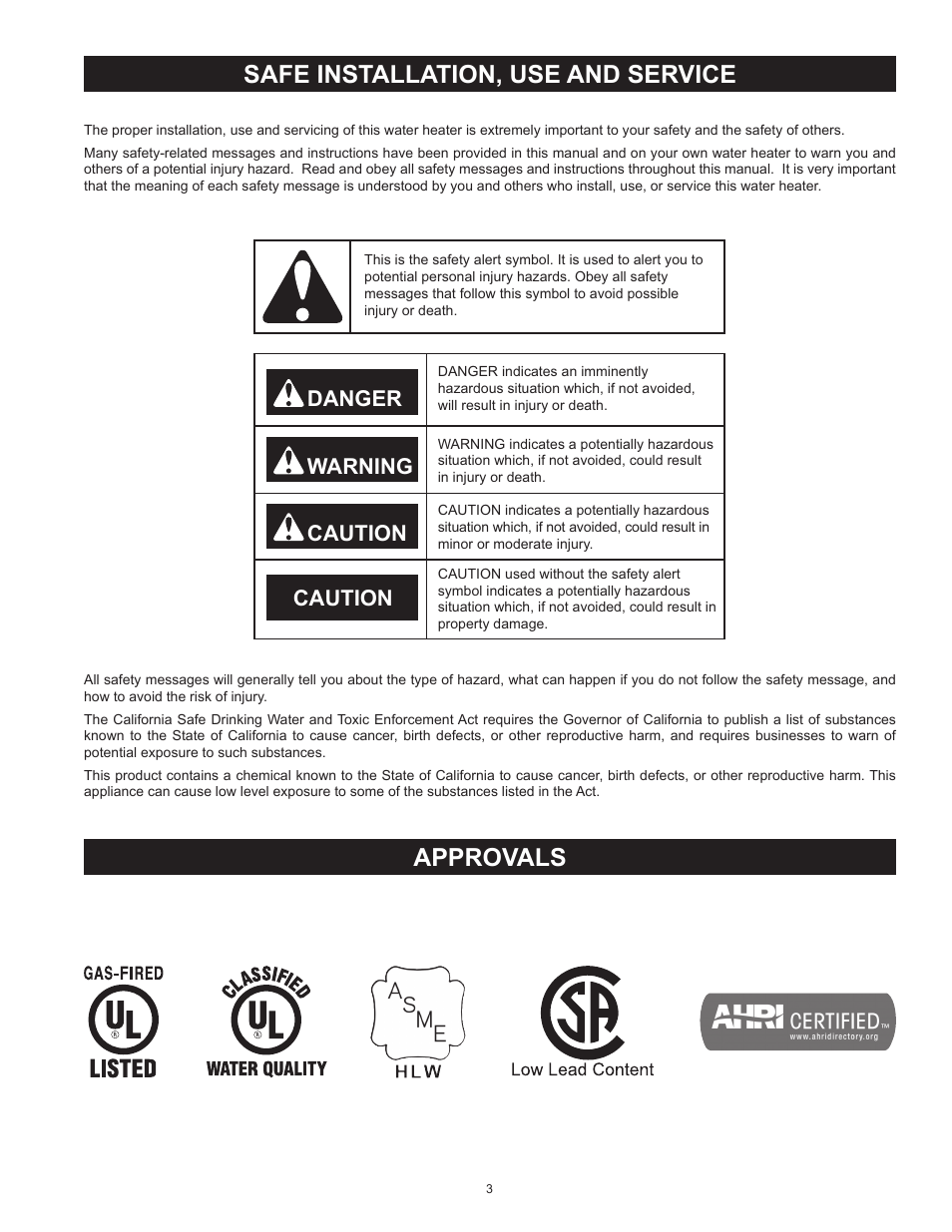 Safe installation, use and service approvals, Safe installation, use and service, Approvals | Danger warning caution caution | State SBD85 500PE User Manual | Page 3 / 52