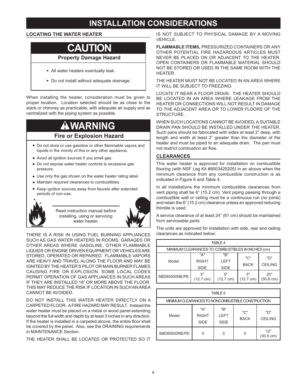 Locating the water heater clearances, Caution, Installation considerations | Fire or explosion hazard | State SBD85 500PE User Manual | Page 9 / 52