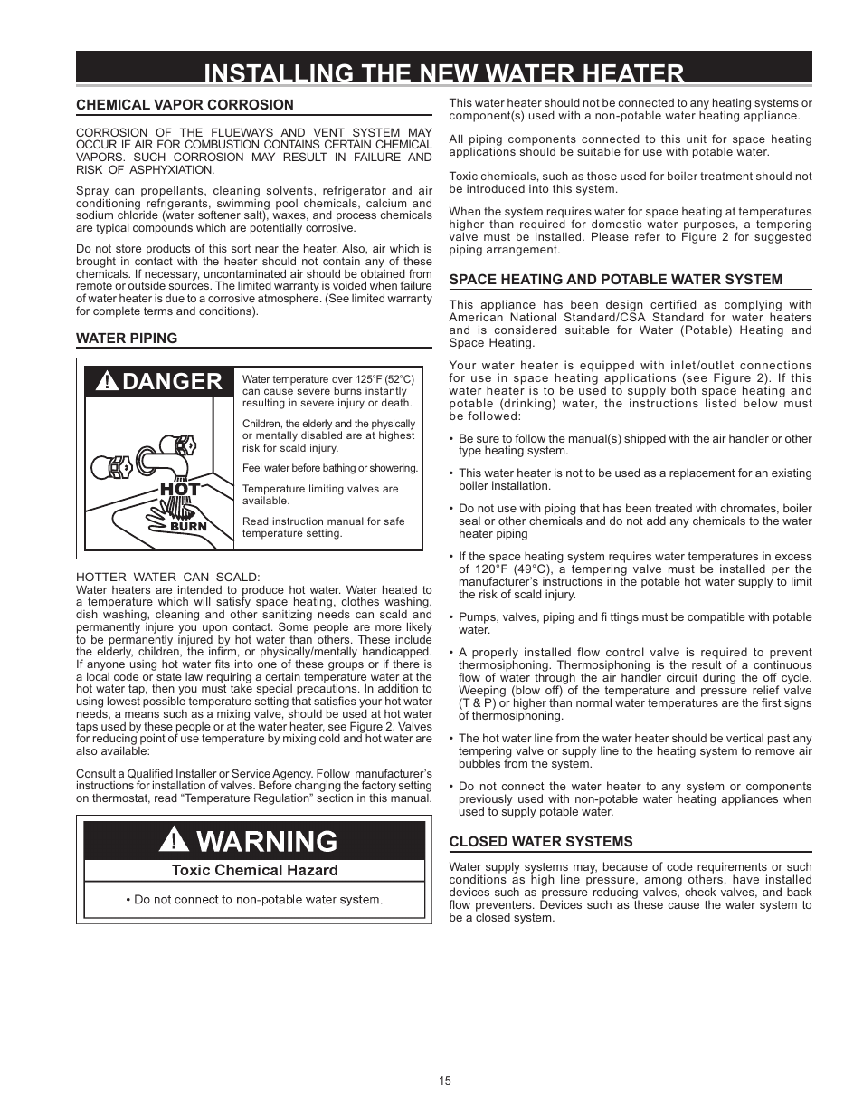 Installing the new water heater, Danger | State SHE50 76 User Manual | Page 15 / 40