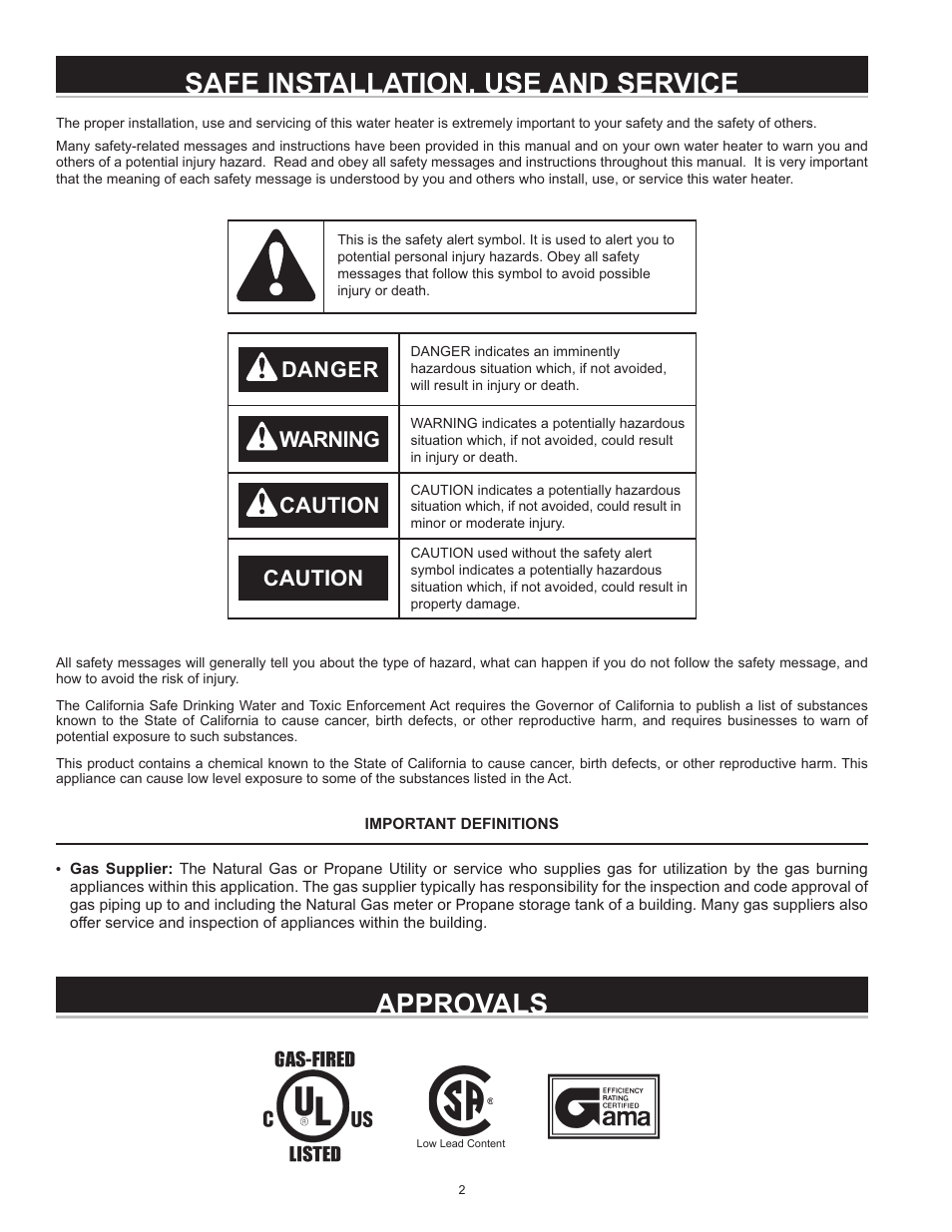 Safe installation, use and service, Approvals, Warning caution caution danger | State SHE50 76 User Manual | Page 2 / 40