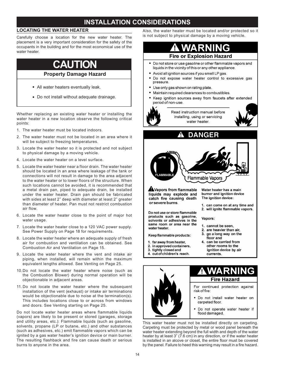 Installation considerations, Locating the water heater, Caution | State SHE75 100NE User Manual | Page 14 / 60