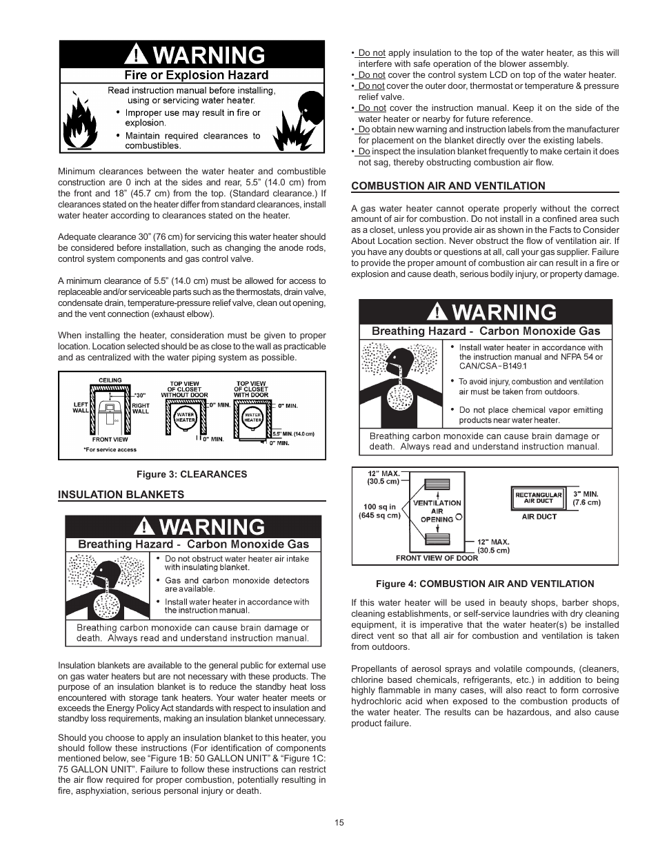 Insulation blankets, Combustion air and ventilation | State SHE75 100NE User Manual | Page 15 / 60