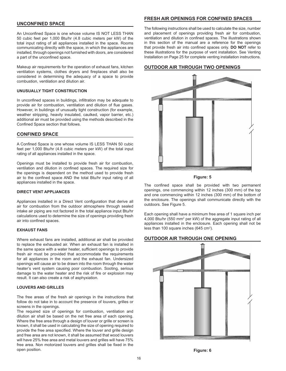 Unconfined space, Confined space, Fresh air openings for confined spaces | Outdoor air through two openings, Outdoor air through one opening | State SHE75 100NE User Manual | Page 16 / 60