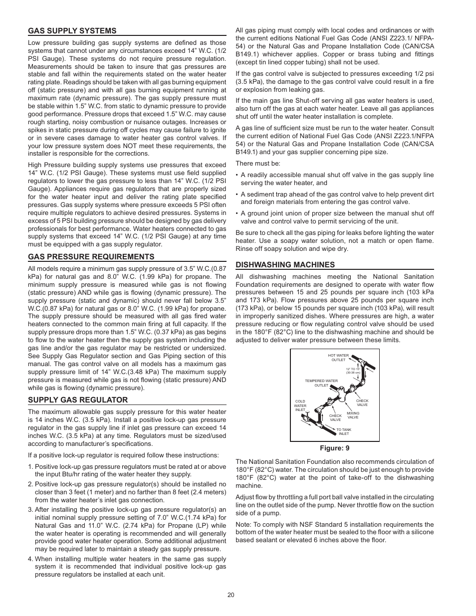 Gas supply systems, Gas pressure requirements, Supply gas regulator | Dishwashing machines | State SHE75 100NE User Manual | Page 20 / 60