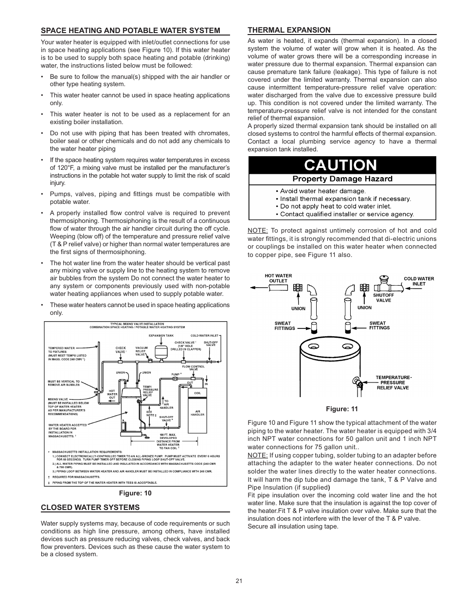 Space heating and potable water system, Closed water systems, Thermal expansion | State SHE75 100NE User Manual | Page 21 / 60
