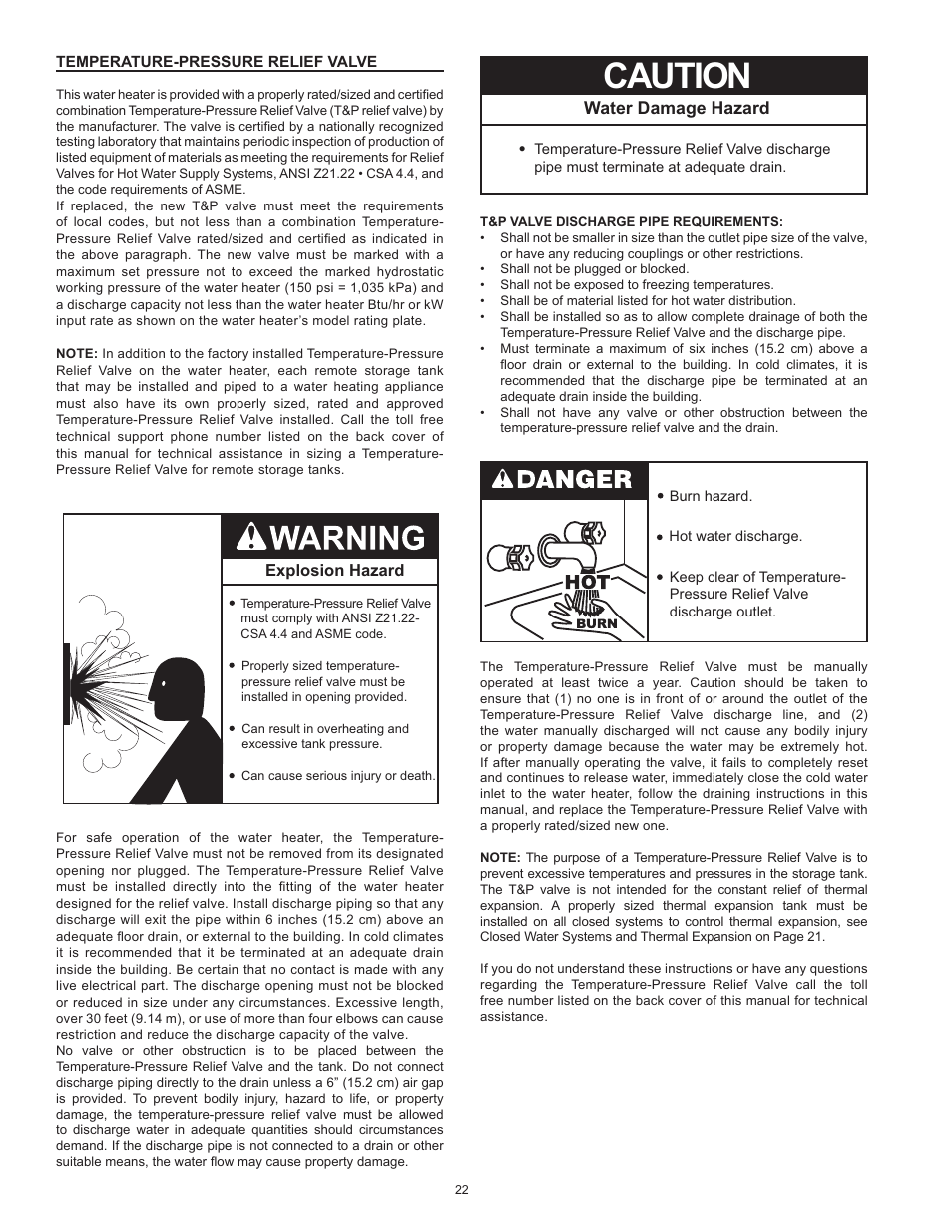 Temperature-pressure relief valve, Caution, Water damage hazard | State SHE75 100NE User Manual | Page 22 / 60