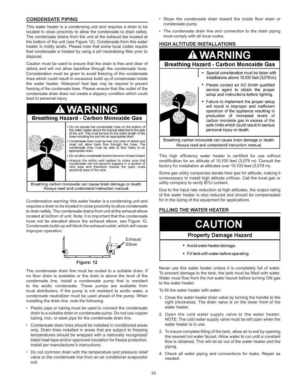 Condensate piping, High altitude installations, Filling the water heater | State SHE75 100NE User Manual | Page 23 / 60