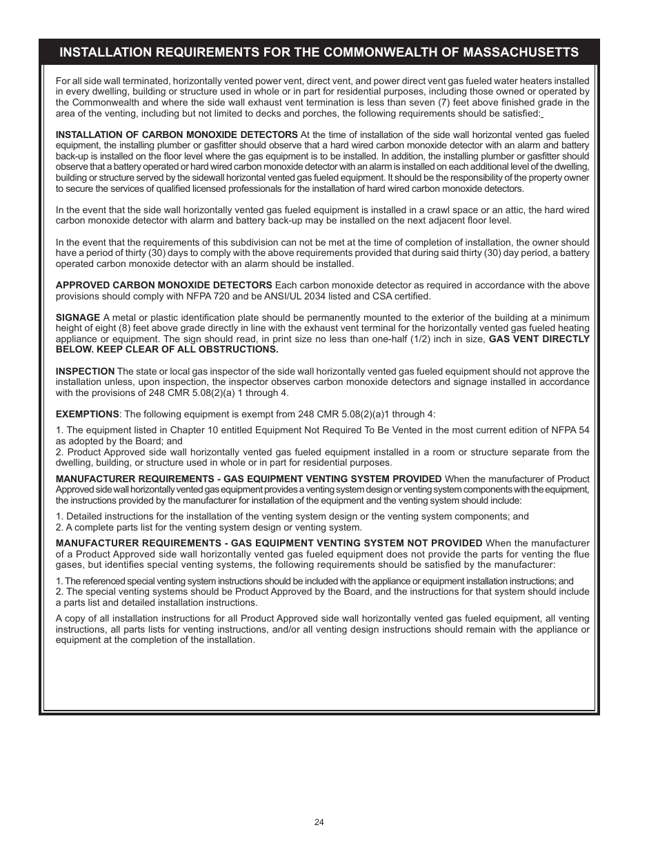 Installation requirements for the commonwealth, Of massachusetts | State SHE75 100NE User Manual | Page 24 / 60