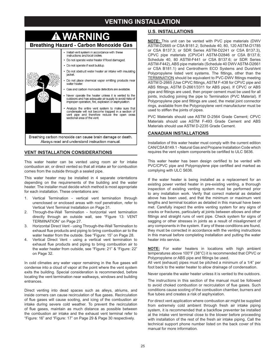 Venting installation, Vent installation considerations, U.s. installations | Canadian installations | State SHE75 100NE User Manual | Page 25 / 60