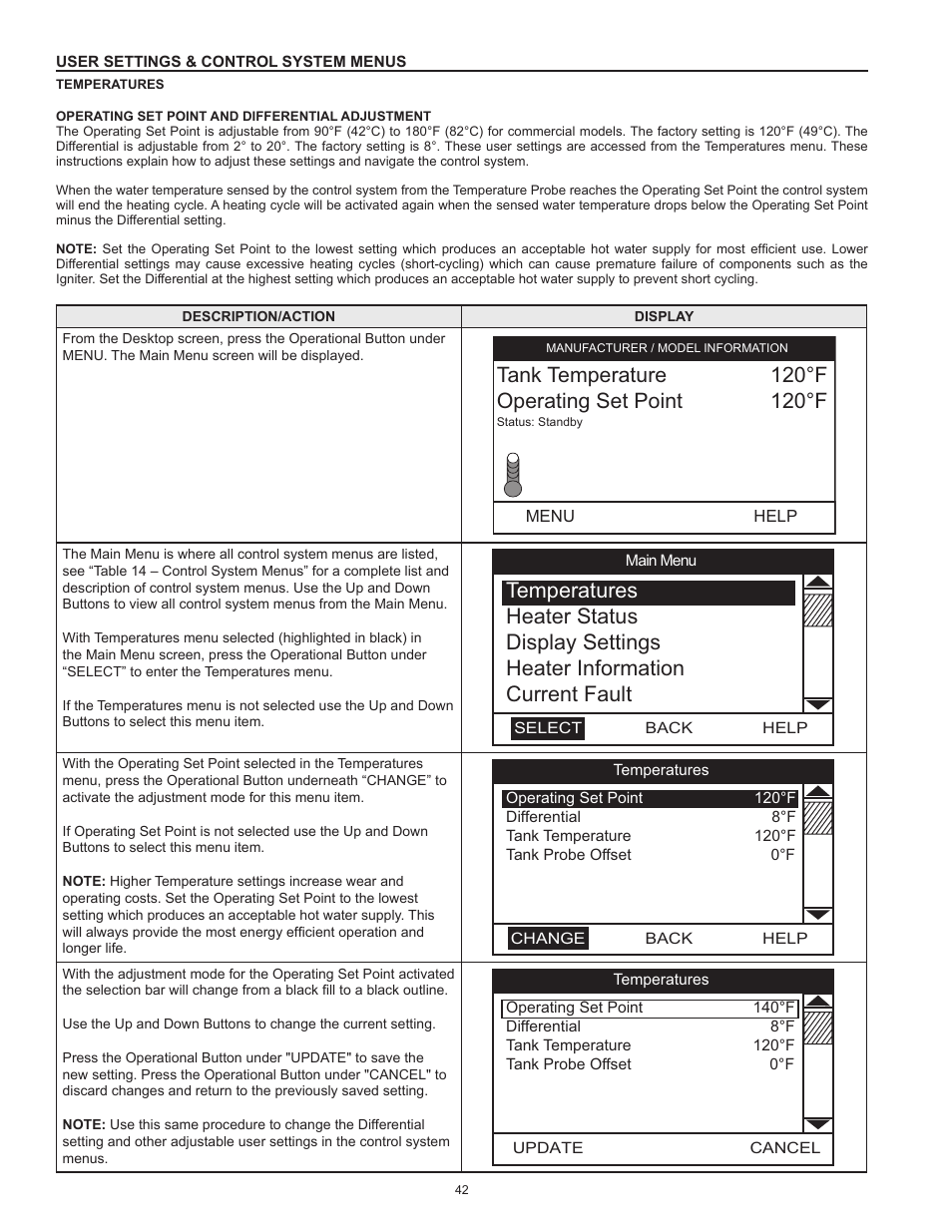 User settings & control system menus | State SHE75 100NE User Manual | Page 42 / 60