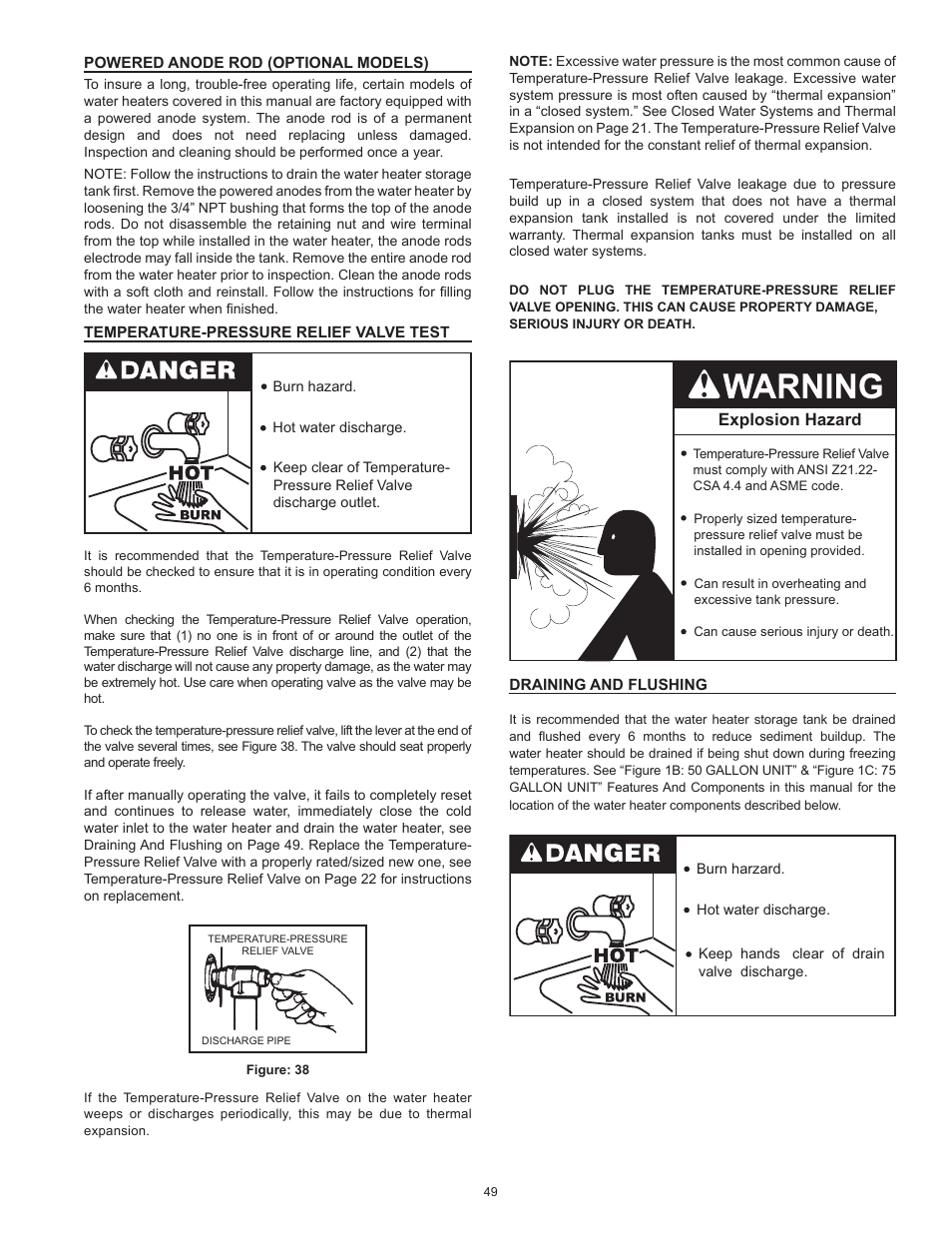 Powered anode rod (optional models), Temperature-pressure relief valve test, Draining and flushing | Explosion hazard | State SHE75 100NE User Manual | Page 49 / 60