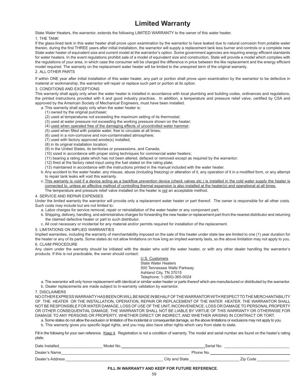 Limited warranty | State SHE75 100NE User Manual | Page 59 / 60