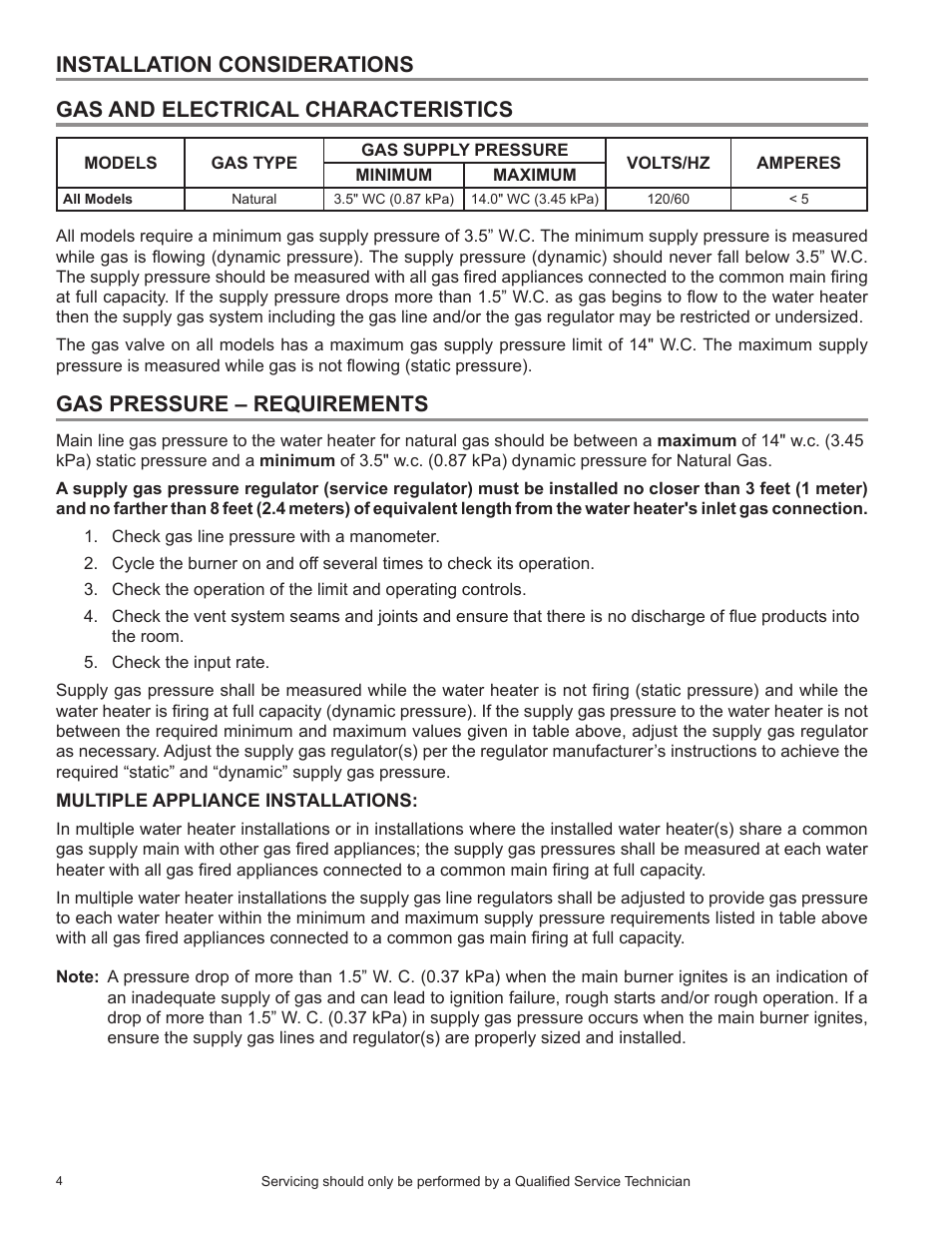 Installation considerations, Gas and electrical characteristics, Gas pressure – requirements | State SBL85 390NE A User Manual | Page 6 / 38