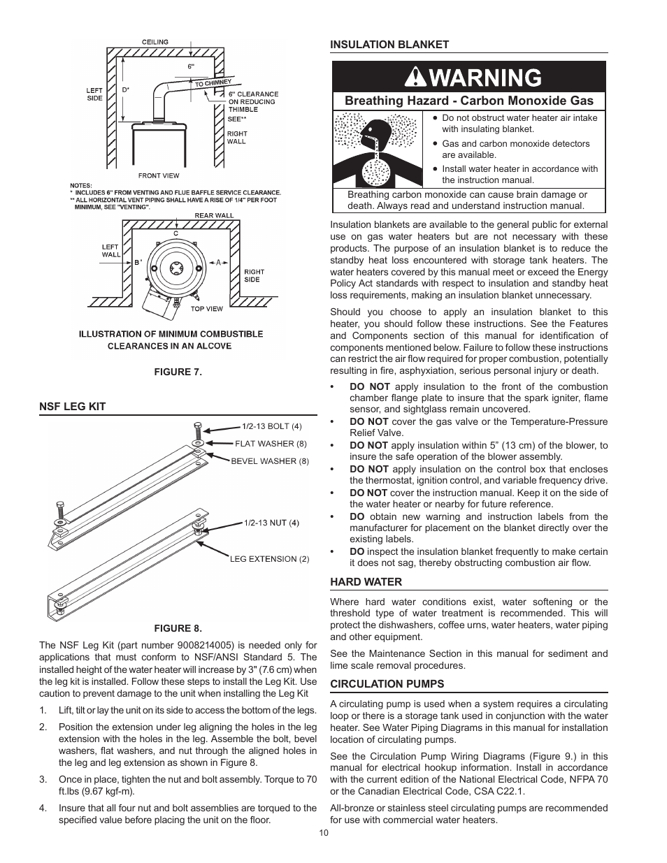 Nsf leg kit, Insulation blanket, Hard water | Circulation pumps, Breathing hazard - carbon monoxide gas | State SBL95 250NE A User Manual | Page 10 / 52