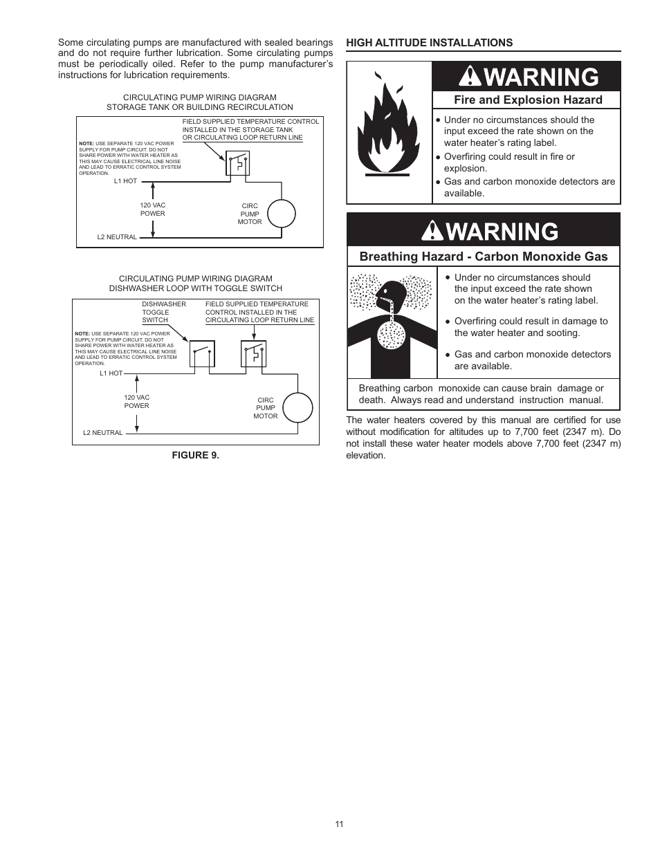 High altitude installations, Breathing hazard - carbon monoxide gas, Fire and explosion hazard | Figure 9 | State SBL95 250NE A User Manual | Page 11 / 52