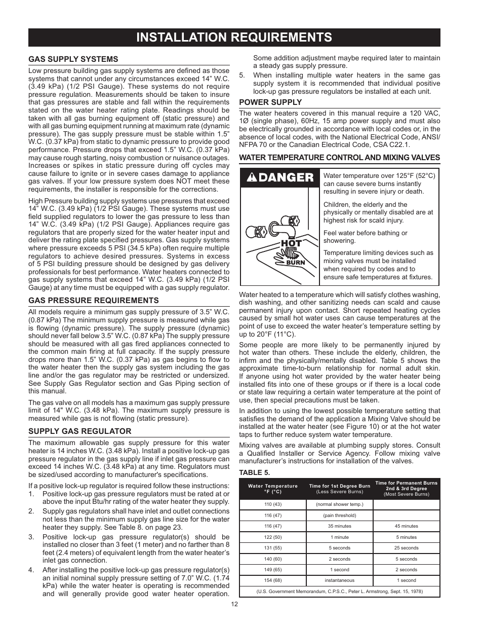 Installation requirements, Gas supply systems, Gas pressure requirements | Supply gas regulator, Power supply, Water temperature control and mixing valves | State SBL95 250NE A User Manual | Page 12 / 52