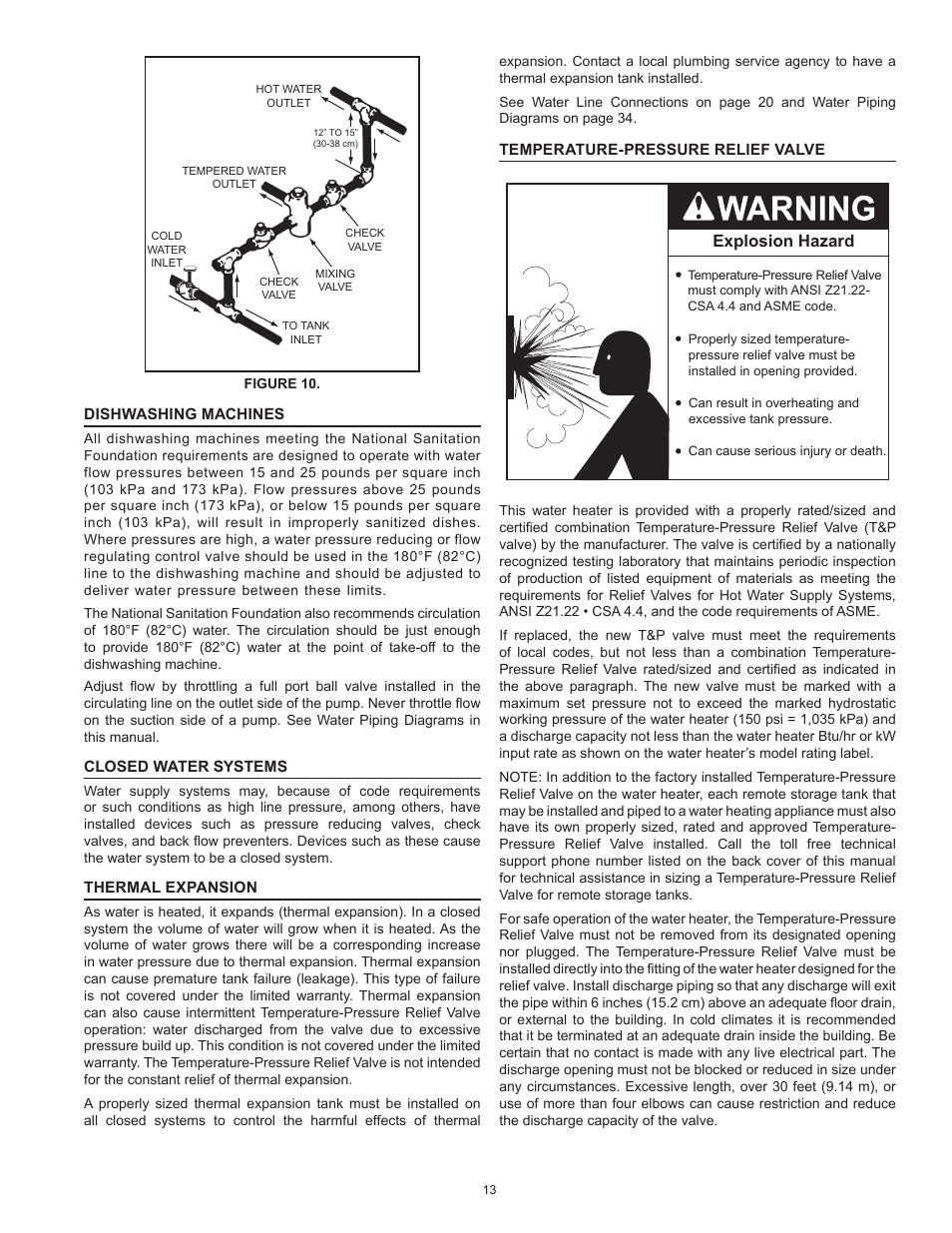 Dishwashing machines, Closed water systems, Thermal expansion | Temperature-pressure relief valve | State SBL95 250NE A User Manual | Page 13 / 52