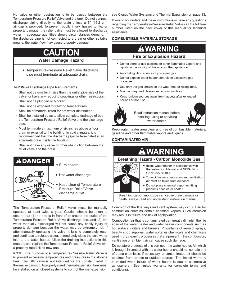 Combustible material storage, Contaminated air, Combustible material storage contaminated air | Caution, Water damage hazard, Fire or explosion hazard | State SBL95 250NE A User Manual | Page 14 / 52