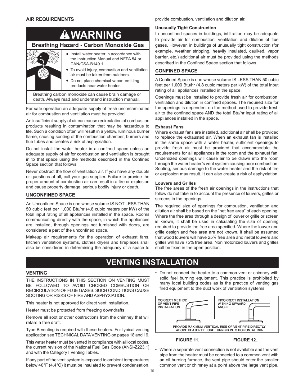 Air requirements, Unconfined space, Confined space | Venting installation, Venting, Air requirements unconfined space confined space, Breathing hazard - carbon monoxide gas | State SBL95 250NE A User Manual | Page 15 / 52