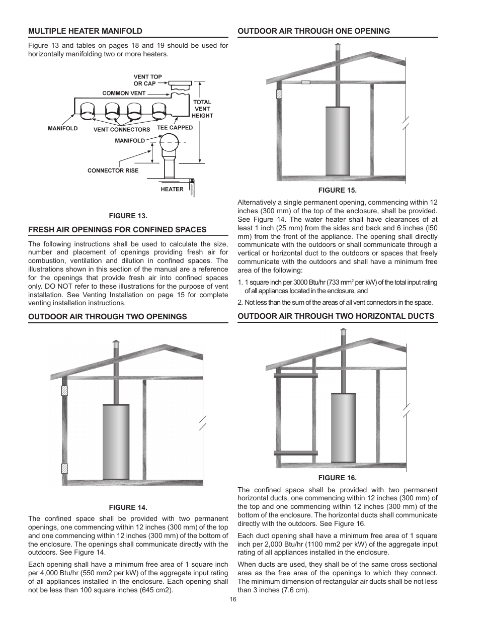 Multiple heater manifold, Fresh air openings for confined spaces, Outdoor air through two openings | Outdoor air through one opening, Outdoor air through two horizontal ducts | State SBL95 250NE A User Manual | Page 16 / 52