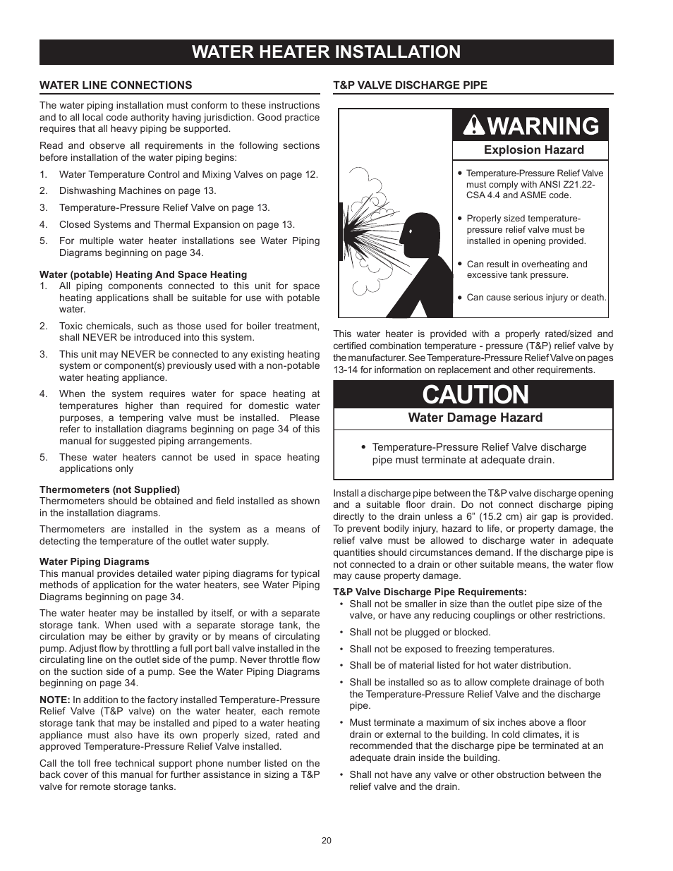 Water line connections, Water heater installation, T&p valve discharge pipe | Water line connections t&p valve discharge pipe, Caution, Water damage hazard | State SBL95 250NE A User Manual | Page 20 / 52