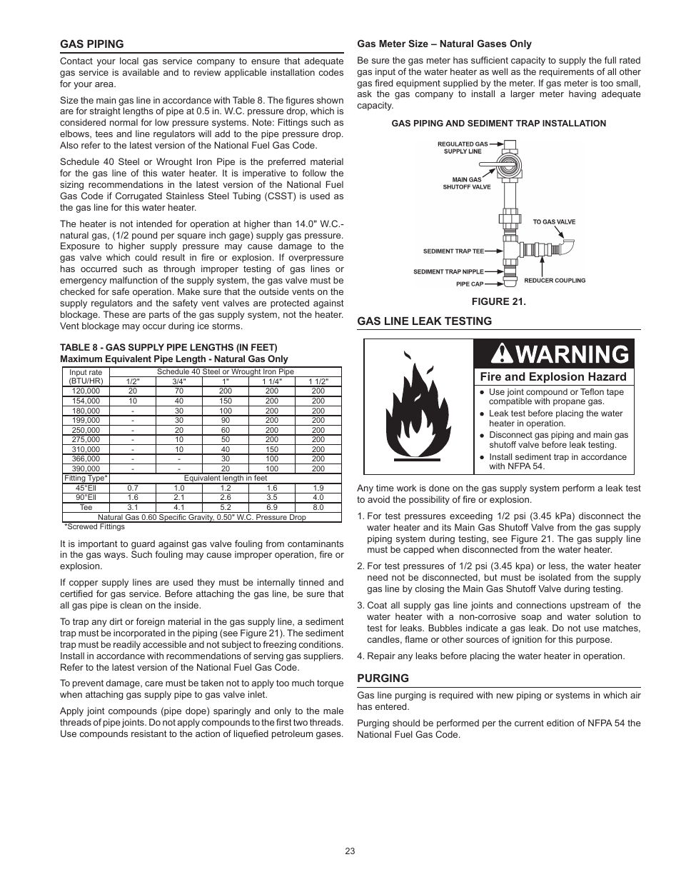 Gas piping, Gas line leak testing, Purging | Gas piping gas line leak testing purging, Fire and explosion hazard | State SBL95 250NE A User Manual | Page 23 / 52