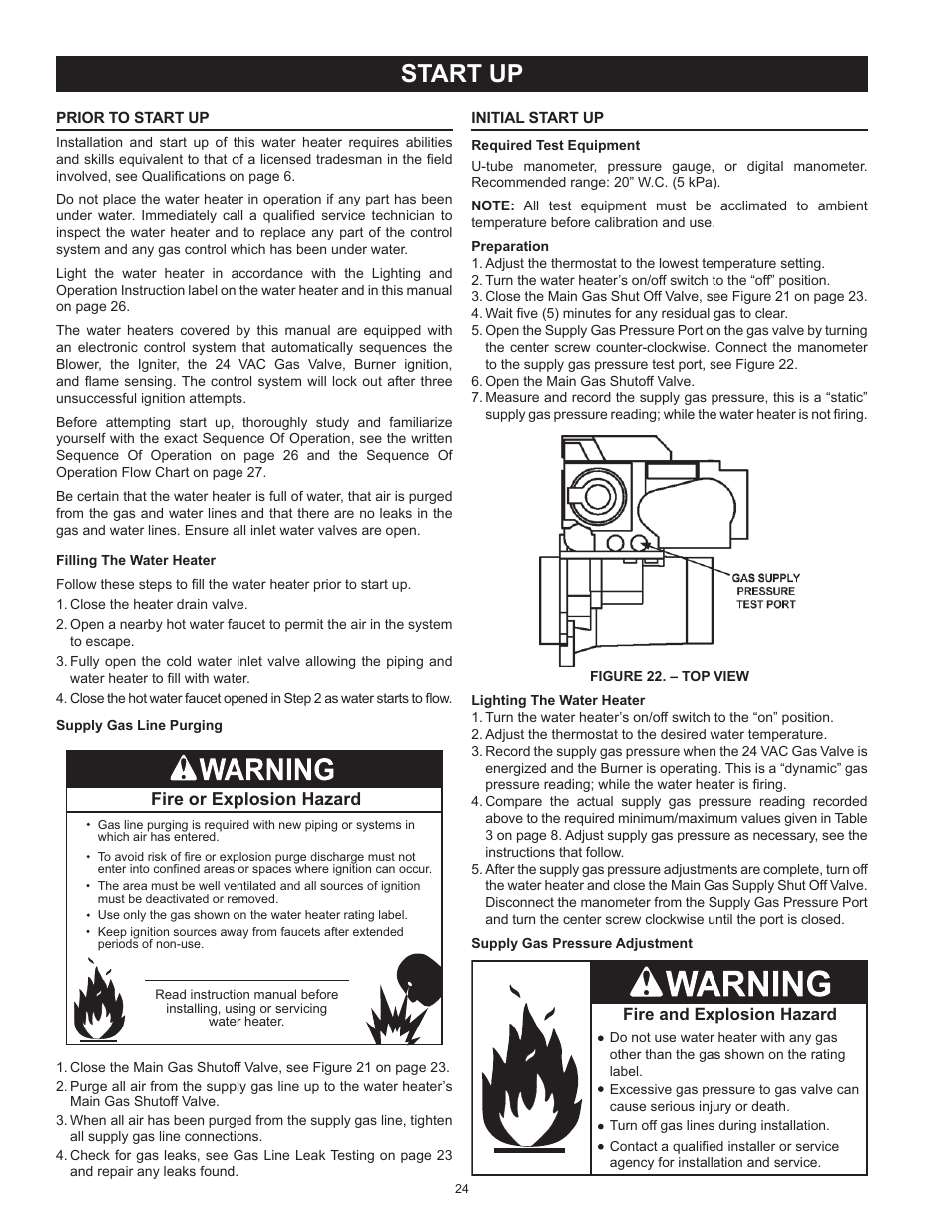 Start up, Prior to start up, Initial start up | Prior to start up initial start up | State SBL95 250NE A User Manual | Page 24 / 52