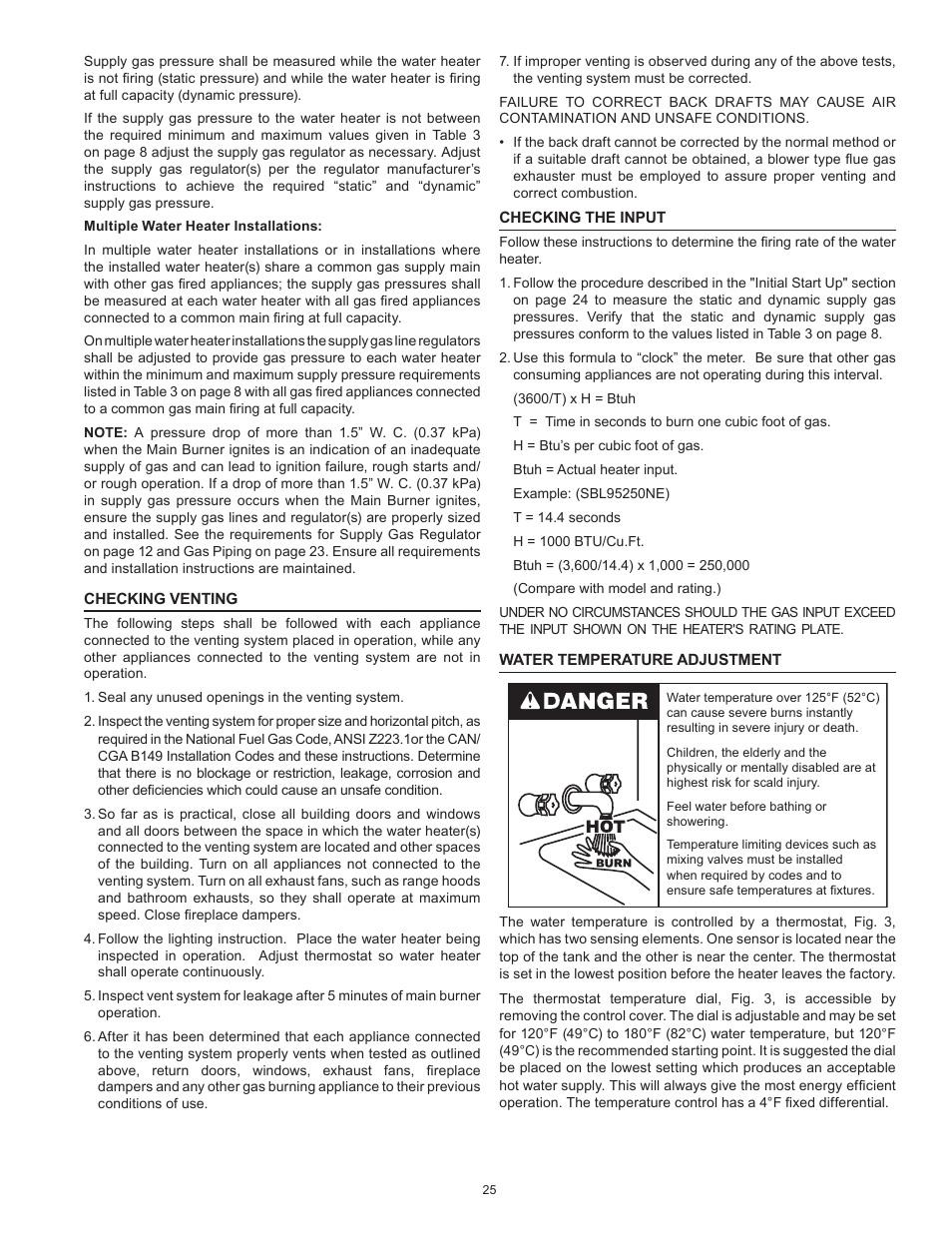 Checking venting, Checking the input, Water temperature adjustment | State SBL95 250NE A User Manual | Page 25 / 52