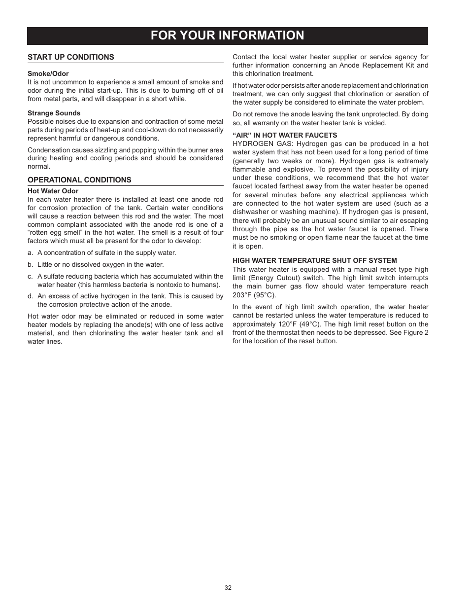 For your information, Start up conditions, Operational conditions | Start up conditions operational conditions | State SBL95 250NE A User Manual | Page 32 / 52