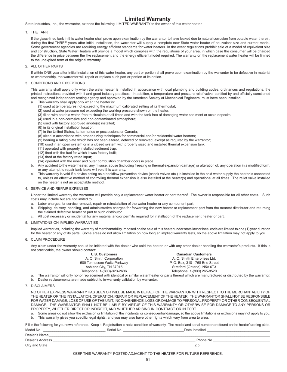 Limited warranty | State SBL95 250NE A User Manual | Page 51 / 52