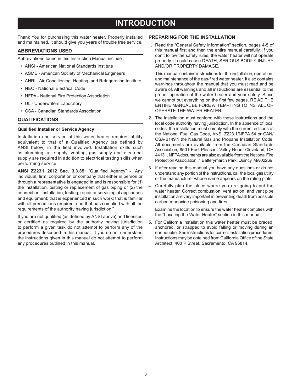 Introduction, Abbreviations used, Qualifications | Preparing for the installation | State SBL95 250NE A User Manual | Page 6 / 52