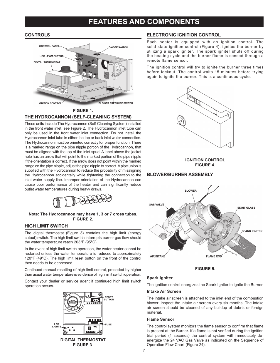 Features and components, Controls, The hydrocannon (self-cleaning system) | High limit switch, Electronic ignition control, Blower/burner assembly | State SBL95 250NE A User Manual | Page 7 / 52