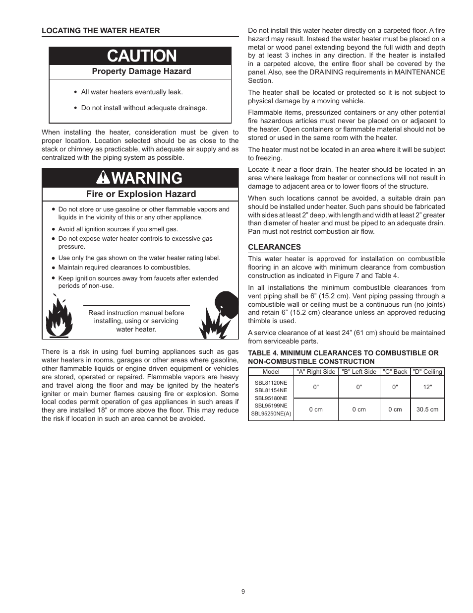 Locating the water heater, Clearances, Locating the water heater clearances | Caution, Fire or explosion hazard | State SBL95 250NE A User Manual | Page 9 / 52