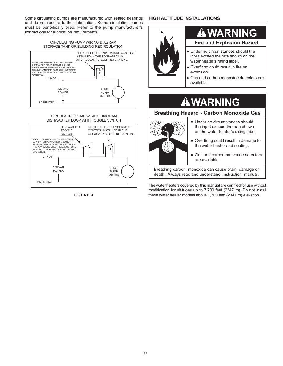 High altitude installations, Breathing hazard - carbon monoxide gas, Fire and explosion hazard | Figure 9 | State SBL85 390 NE A User Manual | Page 11 / 52