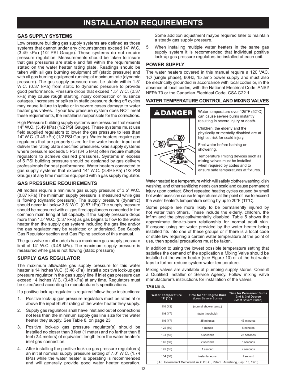 Installation requirements, Gas supply systems, Gas pressure requirements | Supply gas regulator, Power supply, Water temperature control and mixing valves | State SBL85 390 NE A User Manual | Page 12 / 52
