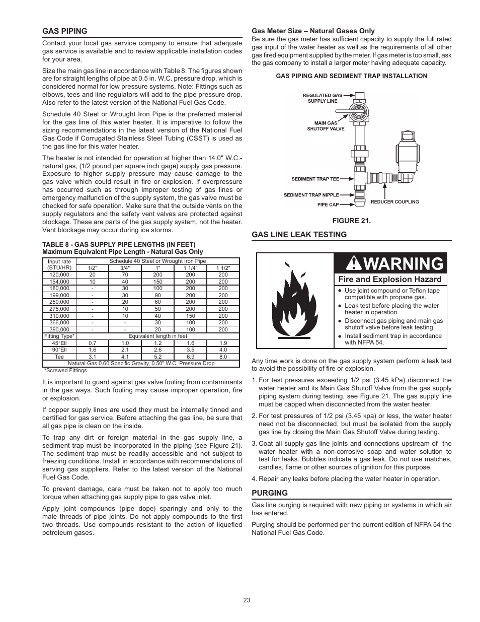 Gas piping, Gas line leak testing, Purging | Gas piping gas line leak testing purging, Fire and explosion hazard | State SBL85 390 NE A User Manual | Page 23 / 52