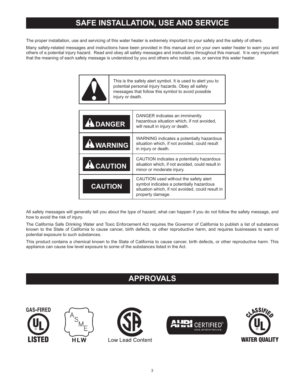 Safe installation, use and service, Approvals, Safe installation, use and service approvals | Danger warning caution caution | State SBL85 390 NE A User Manual | Page 3 / 52